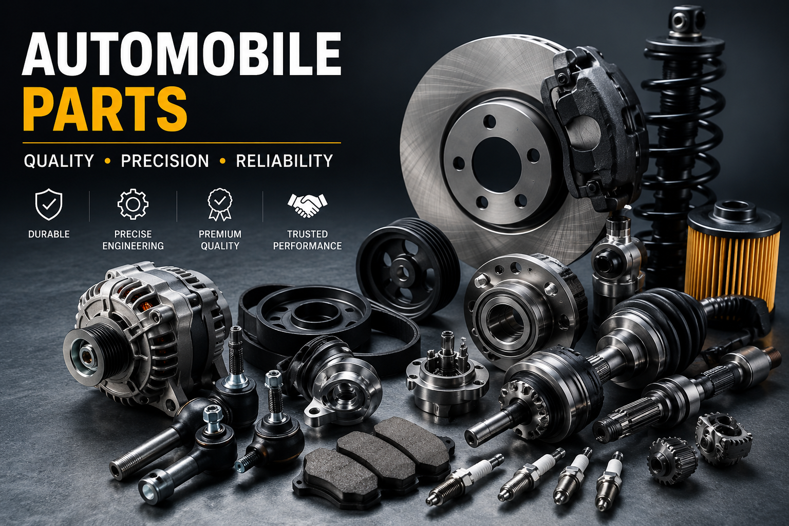 High-quality automobile parts including brake discs, alternator, wheel hub, suspension, bearings, spark plugs, and other automotive components used in vehicle manufacturing.