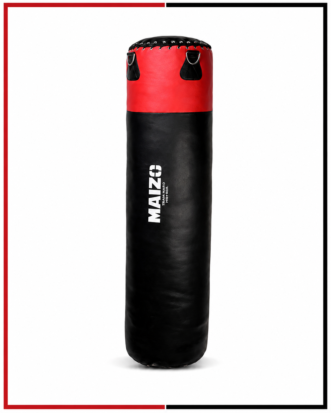 Black and red hanging heavy punching bag for boxing, kickboxing, MMA, and fitness training on a white background