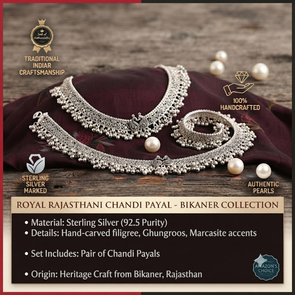A product advertisement for a Royal Rajasthani Chandi Payal set from the Bikaner Collection, featuring handcrafted sterling silver anklets with filigree, ghungroos, and marcasite accents, displayed on a silk cloth and rustic wood with pearls and authenticity icons.