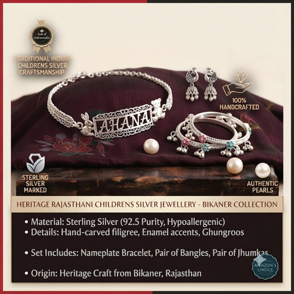 A product display featuring a handcrafted sterling silver children's jewelry set from the Bikaner Collection, including a filigree nameplate bracelet engraved with "AHANA," a pair of peacock jhumka earrings, and enamel-accented bangles with ghungroos, all presented on a silk cloth and rustic wood, with authenticity seals and detailed specifications visible.