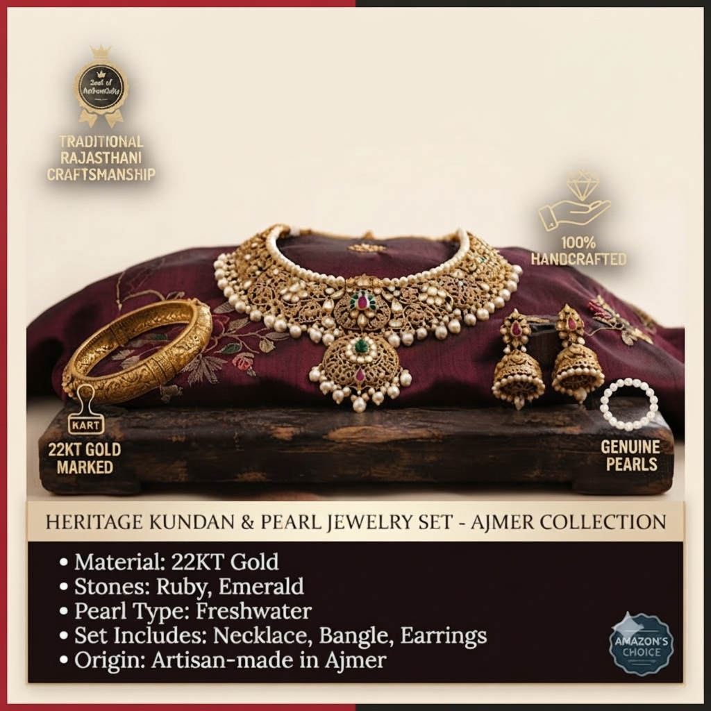 A high-end product shot of a handcrafted 22k gold Kundan and pearl jewelry set from the Ajmer Collection, featuring a necklace, a bangle, and jhumka earrings. The set is displayed on a dark burgundy silk cloth and a wooden stand, with various icons confirming authenticity, gold marking, freshwater pearls, and an "Amazon's Choice" badge. The text includes details on materials, stones, and origin.
