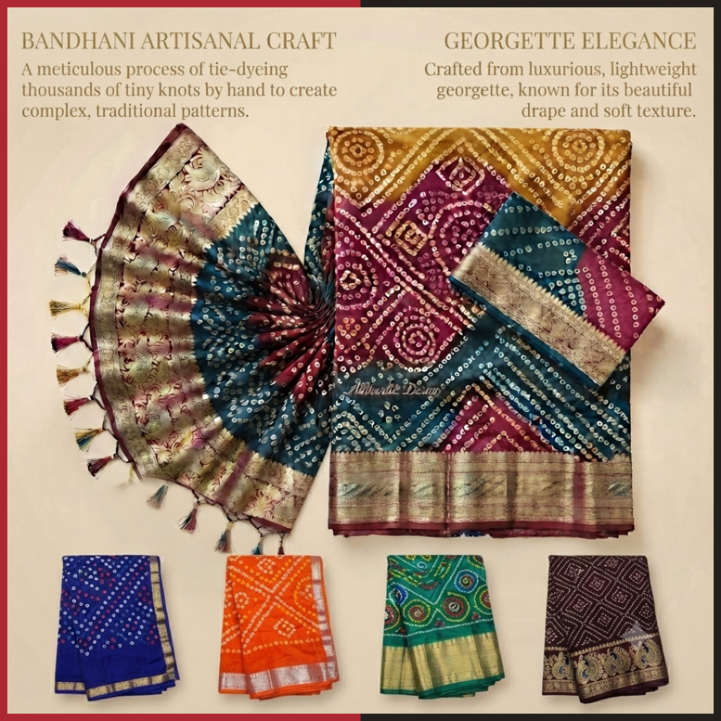 Product showcase of a luxurious georgette saree featuring traditional Bandhani artisanal tie-dye patterns with intricate gold zari borders and pallu, displayed alongside four folded color variants in blue, orange, green, and deep maroon.