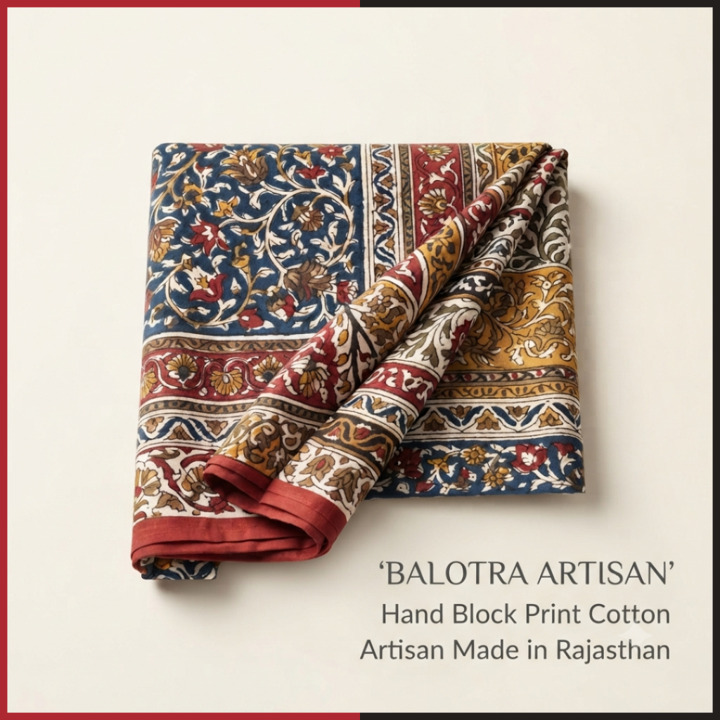 Folded Balotra printed fabric featuring traditional floral block patterns in blue, red, and yellow, with accompanying text reading 'Balotra Artisan' Hand Block Print Cotton Artisan Made in Rajasthan.