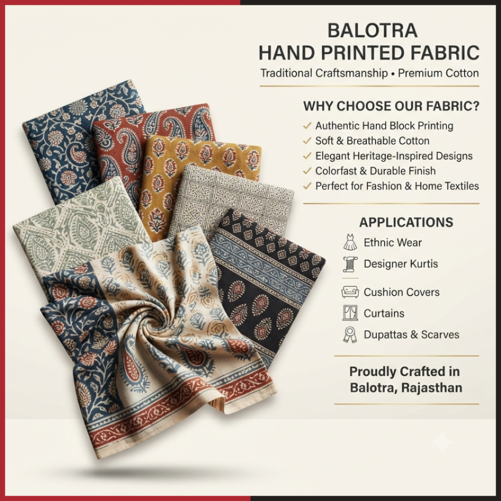 An assortment of folded Balotra hand-printed cotton fabrics in various traditional block patterns and colors like blue, rust, mustard, and black, alongside text highlighting features, applications like ethnic wear and home textiles, and craftsmanship from Balotra, Rajasthan.