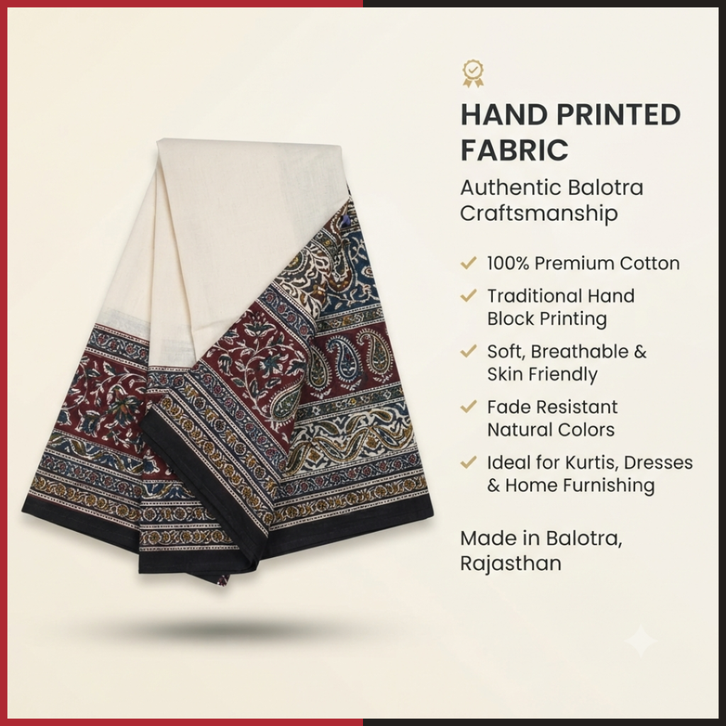 Folded cream and maroon hand-printed Balotra cotton fabric featuring traditional paisley block patterns, accompanied by text detailing features like 100% premium cotton, traditional hand block printing, and authentic craftsmanship from Balotra, Rajasthan.