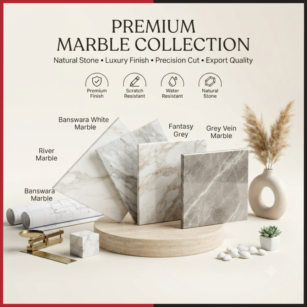 Promotional marketing image titled "PREMIUM MARBLE COLLECTION" with text reading "Natural Stone • Luxury Finish • Precision Cut • Export Quality." Four marble tile samples are displayed on a round wooden platform, labeled from left to right as "Banswara Marble," "River Marble," "Banswara White Marble," "Fantasy Grey," and "Grey Vein Marble." Four feature icons at the top highlight "Premium Finish," "Scratch Resistant," "Water Resistant," and "Natural Stone." The scene is styled with architectural blueprints, a brass scale, a decorative vase with dried pampas grass, decorative stones, and a small potted plant.