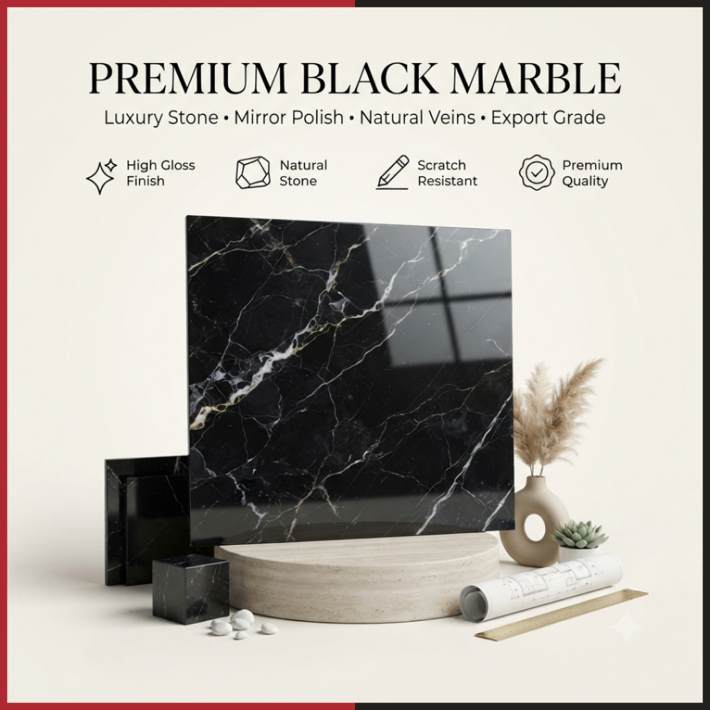 Promotional marketing image for "PREMIUM BLACK MARBLE" with text reading "Luxury Stone • Mirror Polish • Natural Veins • Export Grade." A large, high-gloss black marble slab with striking white and gold veins is displayed vertically on a round wooden platform. Smaller black marble slabs, a small cube, a vase with pampas grass, architectural blueprints, a ruler, a small potted plant, and decorative stones accent the scene. Four icons at the top highlight "High Gloss Finish," "Natural Stone," "Scratch Resistant," and "Premium Quality."