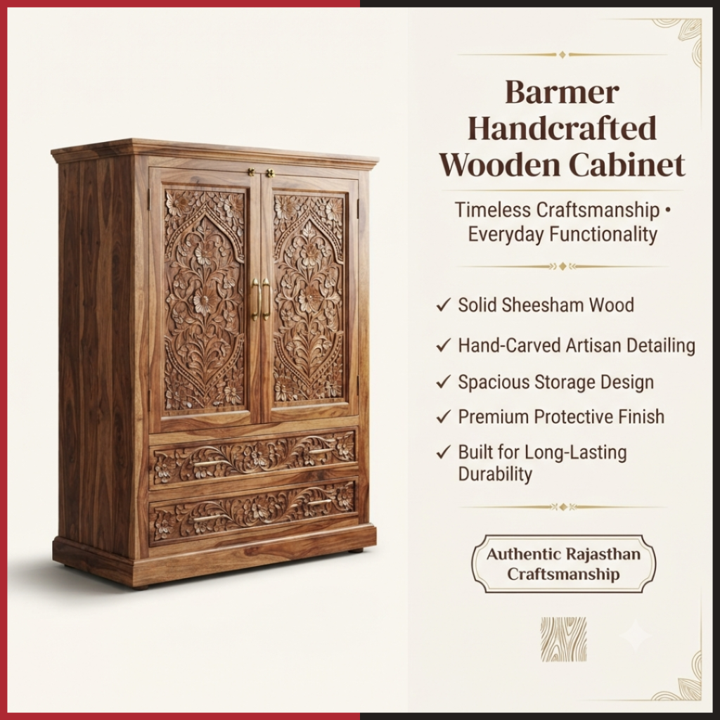 A promotional image for a "Barmer Handcrafted Wooden Cabinet" made of solid Sheesham wood, featuring hand-carved floral artisan detailing on its two doors and two drawers, alongside a list of features highlighting its spacious storage and durability.