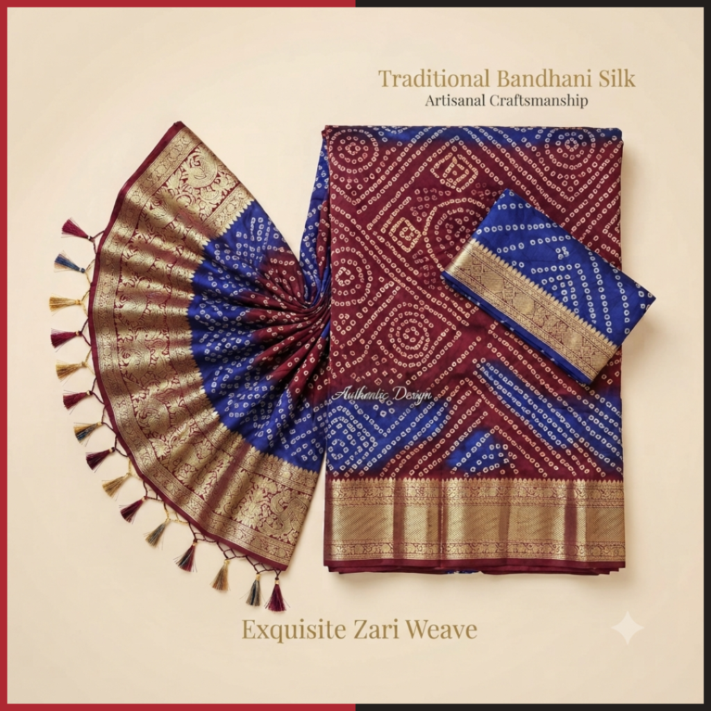 Product showcase of a traditional Bandhani silk saree in deep blue and maroon tones, featuring intricate tie-dye patterns, a rich golden zari weave border, and an ornate pallu detailed with decorative tassels.