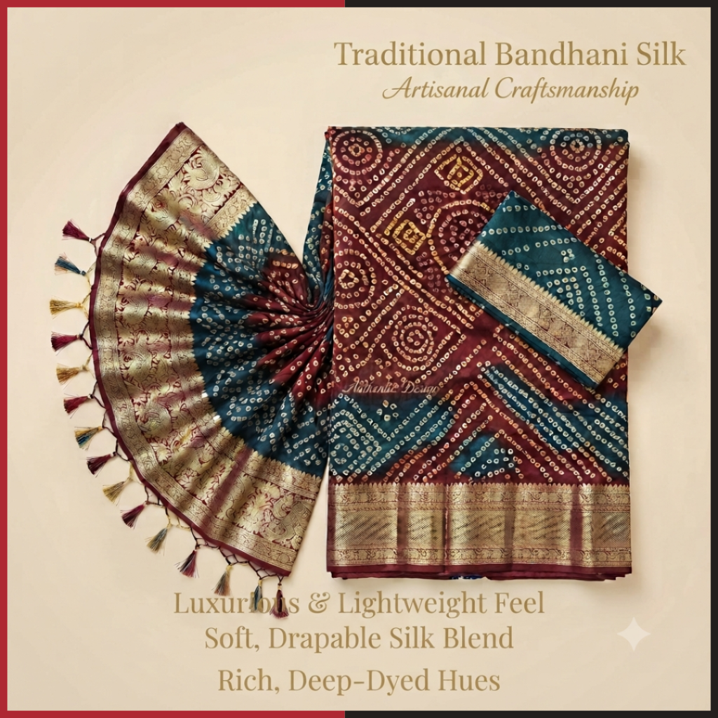 Product showcase of a traditional Bandhani silk blend saree in rich teal and maroon hues, featuring intricate tie-dye patterns, a golden zari woven border, and an ornate pallu with decorative tassels.