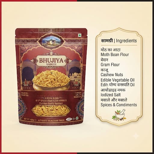 Product packaging for Bhujiya Namkeen with a side display of its ingredients, including moth bean flour, gram flour, cashew nuts, and spices.