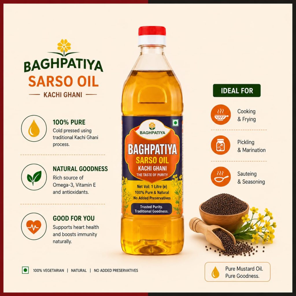A 1-liter bottle of Baghpatiya Sarso Oil (Kachi Ghani) positioned centrally, surrounded by text and icons detailing its technical characteristics, including its cold-pressed production process, nutritional components like Omega-3 and Vitamin E, and its common culinary applications