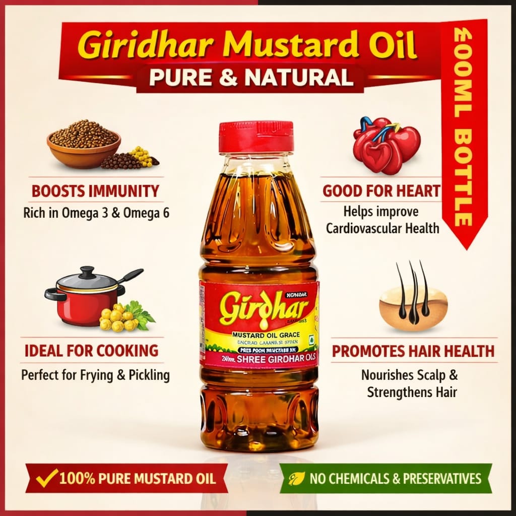 A 500ml bottle of Giridhar Mustard Oil labeled "Pure & Natural," displayed alongside icons representing its uses and benefits: mustard seeds for immunity, a heart for cardiovascular health, a cooking pot for culinary use, and a scalp illustration for hair health.