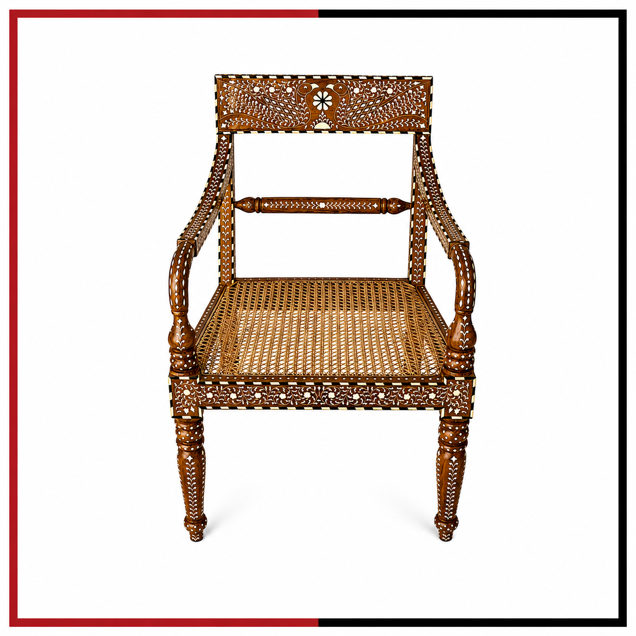 Handcrafted wooden armchair with woven cane seat and backrest on a white background