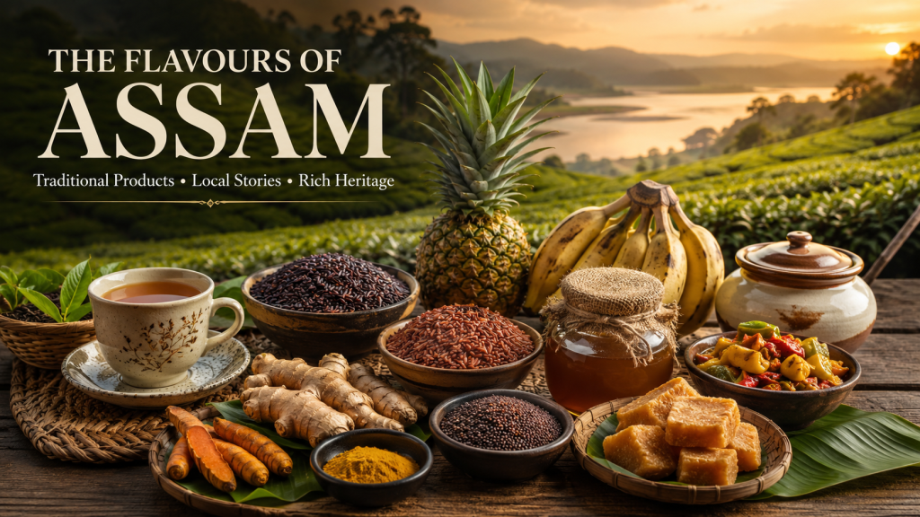 Famous traditional products of Assam including tea, rice, fruits, spices and local foods