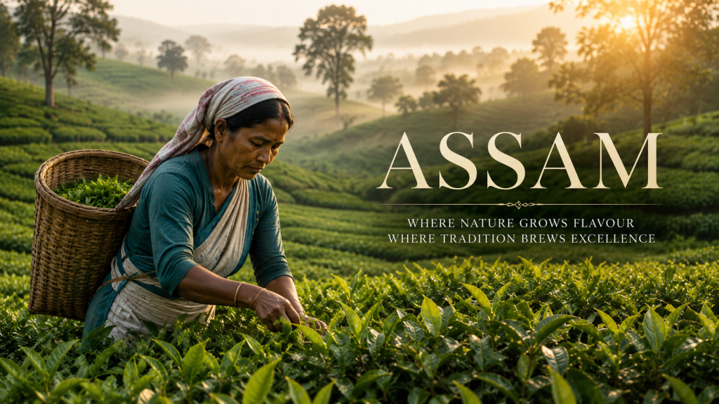 Tea worker hand-plucking fresh tea leaves in an Assam tea garden
