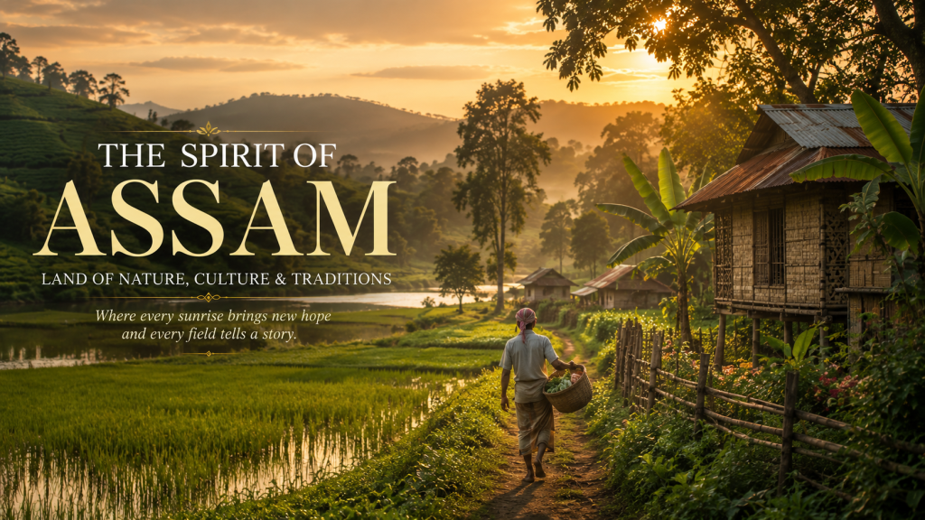 Rural Assam landscape with green fields, tea gardens, village homes and a local farmer