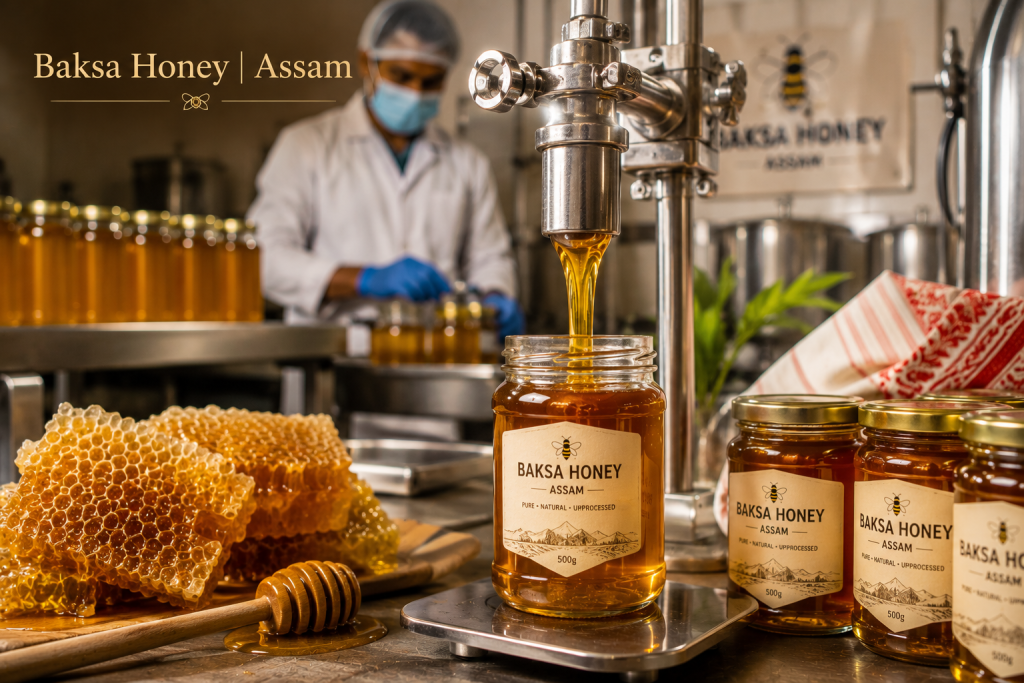 Baksa honey being bottled and packaged in Assam