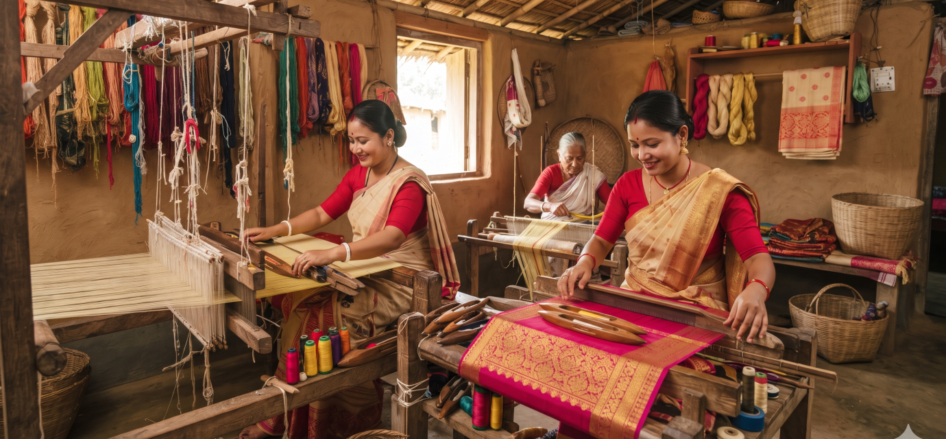 Handwoven silk of Assam featuring traditional Muga, Eri, and Pat silk textiles with intricate Assamese weaving designs.