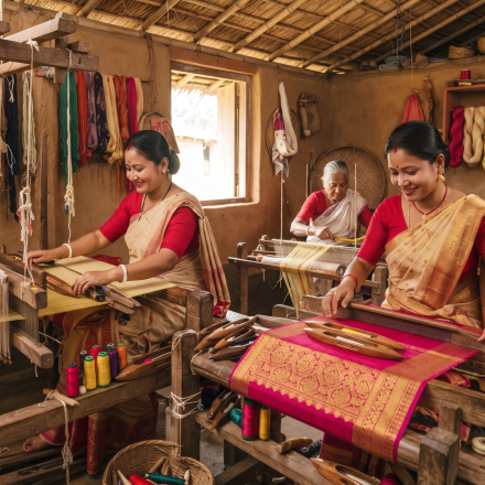 Handwoven silk of Assam featuring traditional Muga, Eri, and Pat silk textiles with intricate Assamese weaving designs.
