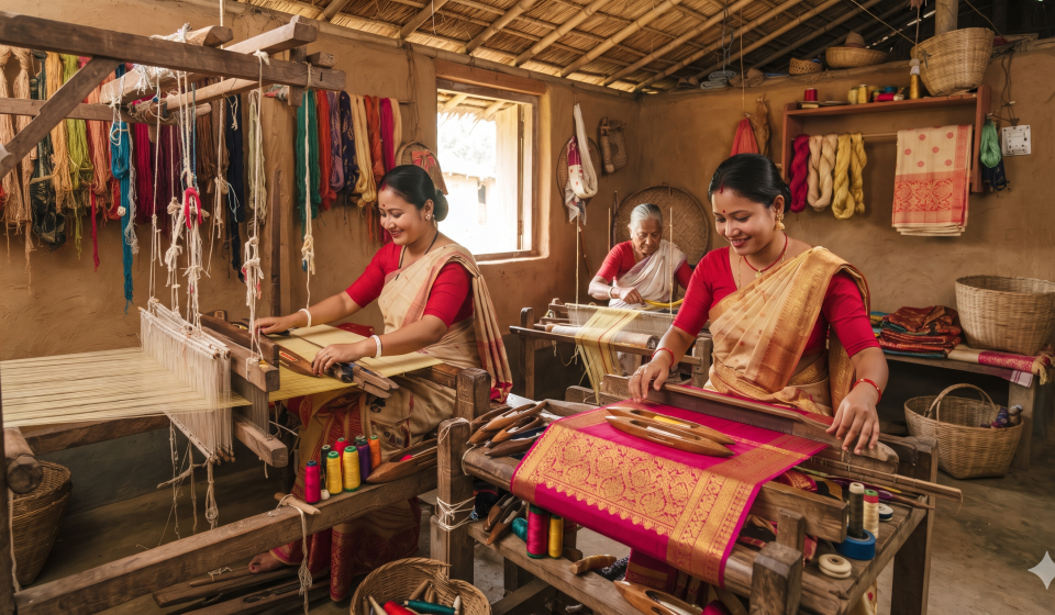 Handwoven silk of Assam featuring traditional Muga, Eri, and Pat silk textiles with intricate Assamese weaving designs.